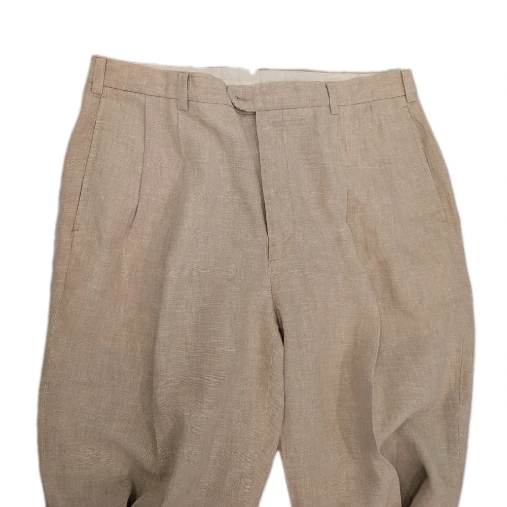 Jos A‎ Bank 38x32 Khaki 100% Linen Travelers Pleated Cuffed Mens Pants